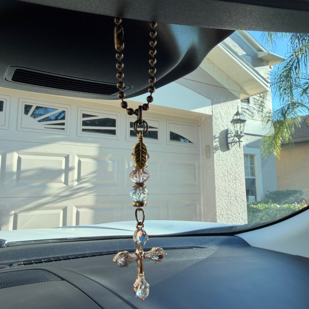 Guardian Angel Rearview Mirror Gold Crystal Cross Suncatcher 6.5" Charm Handmade